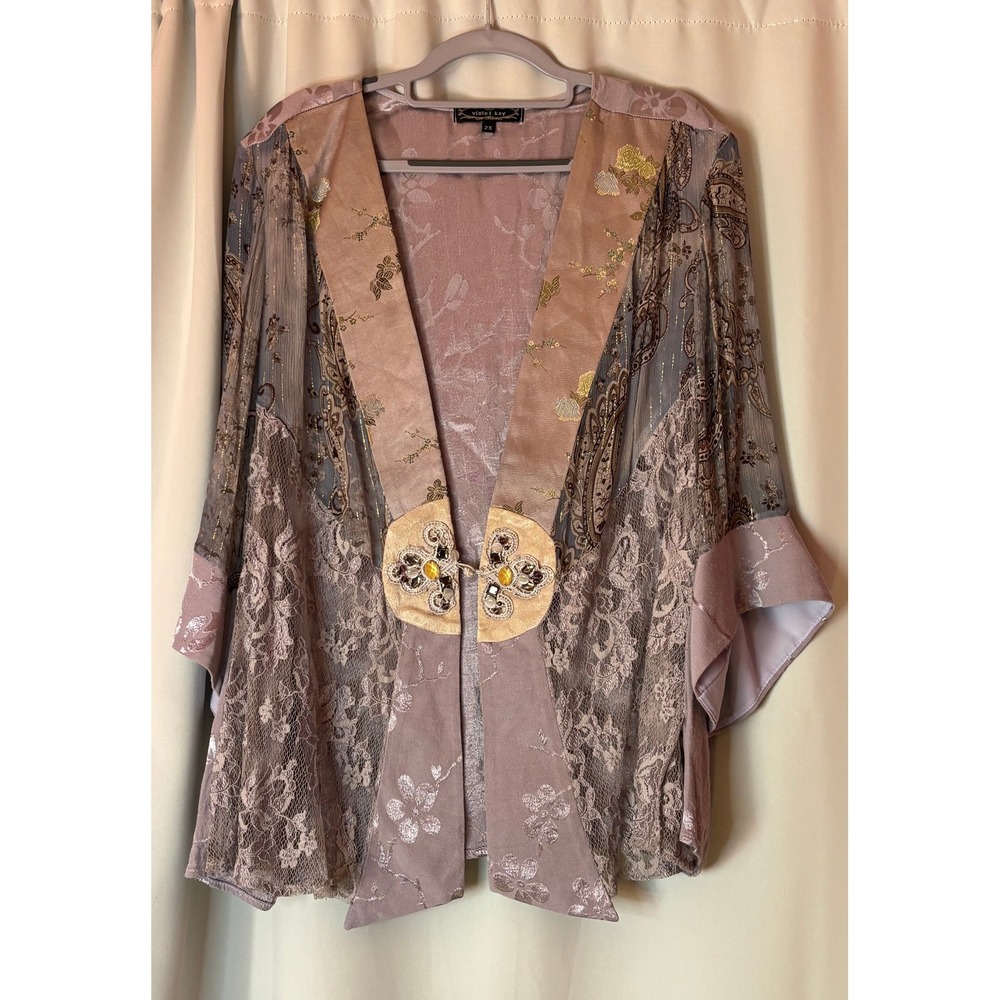 Violet Kay Silk Blend Lace Metallic Brocade Kimono Cardigan USA Plus 2X KAT15W